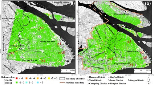 Figure 10. The medium-scale deformation distribution of (a) TSX from 2013 to 2020, (b) S1A from 2016 to 2020.