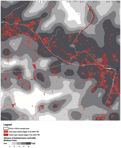 Figure 10. The open spaces in relation to the five classes of betweenness centrality of the street network in the case of Bergamo–Brescia.