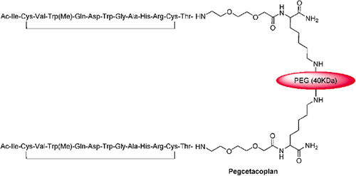 Figure 1 Structure of Pegcetacoplan. Reproduced from Al Shaer D, Al Musaimi O, Albericio F, de la Torre BG. 2021 FDA TIDES (Peptides and Oligonucleotides) Harvest. Pharmaceuticals. 2022; 15(2):222. Creative Commons.Citation28