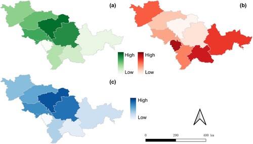 Figure 12. (a) The spatial distribution of average degree, (b) the spatial distribution of average betweenness centrality, (c) the spatial distribution of average clustering coefficients in nine cities.