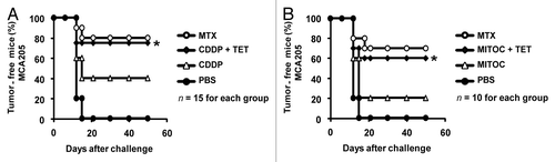 Figure 2. Rtn-1c expression triggers immunogenicity of cell death mediated by CDDP or mitomycin C. (A and B) iRTN-1c MCA205 cells were treated with a single agent or combined with the tetracycline (TET)-induced expression of reticulon-1c (Rtn-1c) and assayed as anticancer vaccines by tumor re-challenge. iRTN-1c MCA205 cells were treated with 150 µM cisplatin (CDDP) or CDDP+ 0.3µM TET (A) or 200 µM mitomycin C (MITOC) or MITOC+ 0.3µM TET (B). 3 x 105 of these dying iRTN-1c MCA205 cells were inoculated s.c. into the left flank of C57BL/6 mice. PBS was injected as a negative control, and mitoxantrone (MTX) treated cells were used as a positive control. One week later, mice were re-challenged with 3 x 104 living MCA205 cells injected s.c. in the contralateral flank, and the absence of tumor growth was scored 60 d later as an indication of an anticancer immune response. The total number of mice for each experiment is indicated (n = 10–15/group) and was obtained by adding independent experiments. Differences between TET-treated groups and their untreated counterparts were analyzed using χ2 test (*P < 0.05).