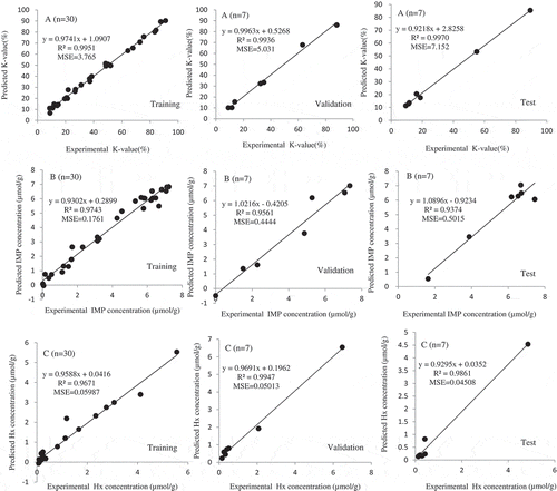 FIGURE 3 Correlation of predicted and experimental (a) K-value, (b) IMP, and (c) Hx concentrations with training and validation data, as well as the test data for grass carp fillets during storage using the optimal ANN.