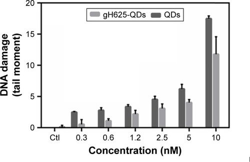 Figure 3 Comet assay. Histogram of DNA damage of Daphnia magna added to QD, with or without gH625. Results are expressed as mean ± SD (P<0.05).Abbreviations: QD, quantum dot; SD, standard deviation; Ctl, control.