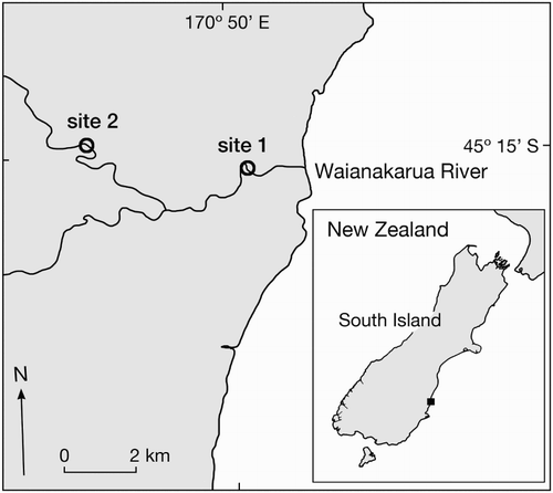 Figure 1. Location of sampling sites on the Waianakarua River, South Island, New Zealand.