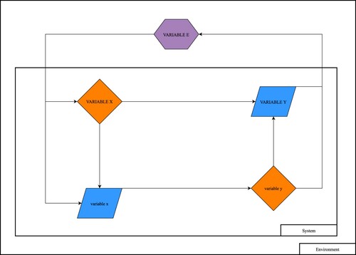 Figure 1. Finding Philosophy in Social Science (Bunge, Citation1996). Diagrammed by: Michael R. Pfonner and Patrick James. This figure represents a generic set of variables and full set of potential connections involving a system and its environment.