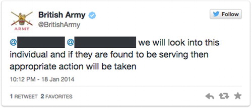 Figure 17. Screenshot from @BritishArmy Twitter account in response to emergence of racist Facebook post by a Grenadier Guard.