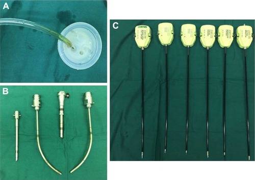 Figure 1 (A) Multichannel port; (B) the endoscope cannula, assistant cannula, and two curved cannulae; (C) the 5 mm semirigid instruments.