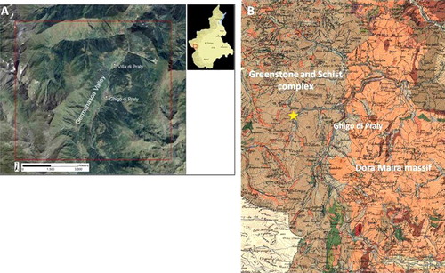 Figure 1. Aerial image of the study area (A) and western geological map modified by Mattirolo et al. (Citation1913) (B), where the star represents the study area.
