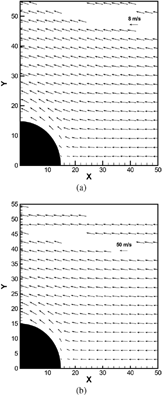 FIG. 10 Computed flow patterns of mean particle flow at St = 1.0: (a) Re = 16,000 and (b) Re = 100,000.