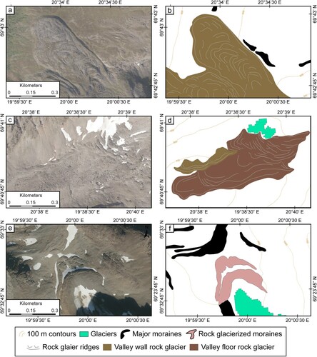 Figure 11. A collection of rock glacierised landforms: (a, b) A large valley wall rock glacier with a clear lobate form, multiple (sometimes bifurcating) surface ridges, and convex profile. (c, d) A large valley floor rock glacier showing multiple, overlapping lobes, formed beneath a very small glacier (not included in the 2012 Inventory of Norwegian Glaciers), and connected to a small valley wall rock glacier on its northern margin. (e,f) Rock glacierised frontal portions of a latero-frontal moraine fronting a small glacier (not included in the 2012 Inventory of Norwegian Glaciers). The rock glacierised section of the moraine is inset with smaller ridges and furrows indicative of post-depositional modification of a glacial ice core. All images from norgeibilder.no (24/08/2016) and map subsets at 1:4,000 scale, with glaciers mapped on 2018 satellite imagery. Approximate image locations: 69°42′57.27″N, 20°33′54.42″E; 69°40′50.97″N, 20°38′24.74″E; 69°32′46.83″N, 19°59′55.71″E.