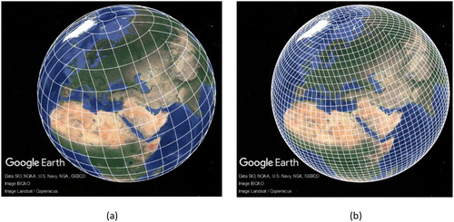 Figure 8. Discrete global grids at (a) resolution 2 and (b) resolution 3. (© 2018 Google).