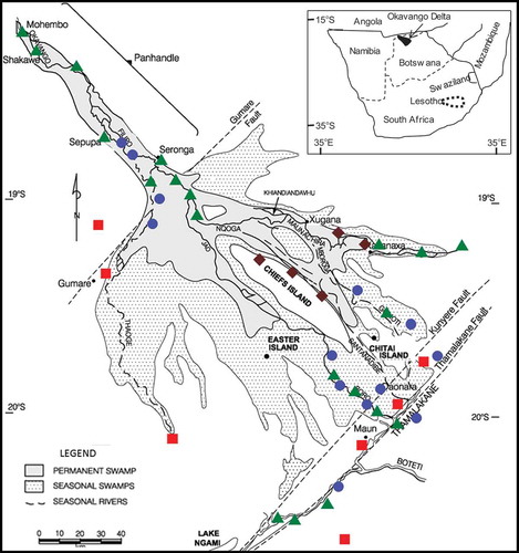 Figure 1. Map of the Okavango Delta, Botswana, showing selected sample locations (●: shallow groundwater, ■: deep groundwater, ♦: island groundwater and ▲: surface water). Map modified from McCarthy et al. (Citation2012).