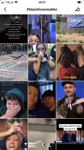 Figure 1. Screenshot of the TikTok interface when searching videos with the #BlackLivesMatter hashtag, picture taken by the researchers in July 2020.