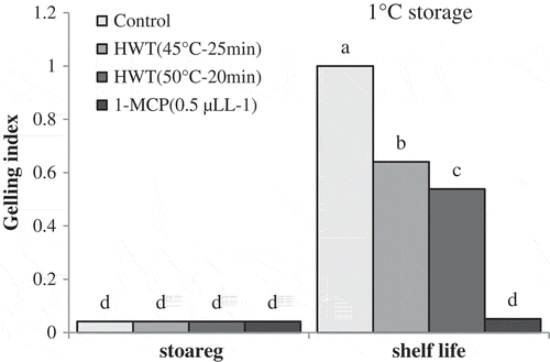 Figure 1. Effect of hot water (HWT) and 1-MCP treatments on gelling index of ‘Karaj’ persimmon after 30-day storage of 1°C and after shelf-life conditions. Means with the same letter are not significantly different at 5% level of the LSD test.