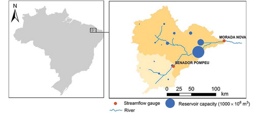 Figure 1. Sub-catchment of the Morada Nova gauging station, located in the Jaguaribe basin, Ceará, Brazil. Blue dots represent the 16 reservoirs monitored by water agencies. The sub-catchment of the Senador Pompeu gauging station is located upstream of the Morada Nova station. See Table 1 for details on the two catchments. The size of the blue dots represents reservoir storage capacity.