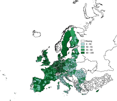 Figure 1. Map of the public spending quality (PSQ) index, NUTS-3, Tenders Electronic Daily (TED), 2006–15, regions with at least 35 awarded contracts (Nregions = 1241).