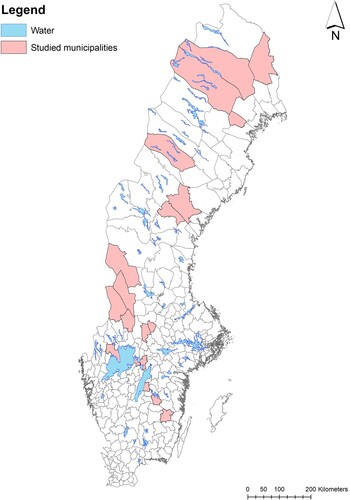 Figure 1. Map of Sweden and the location of the 19 municipalities included in the study.