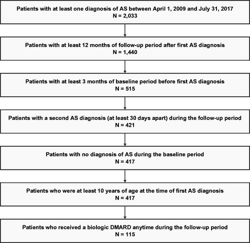 Figure 1. Sample selection flow chart. AS: ankylosing spondylitis; DMARD: disease-modifying antirheumatic drug.