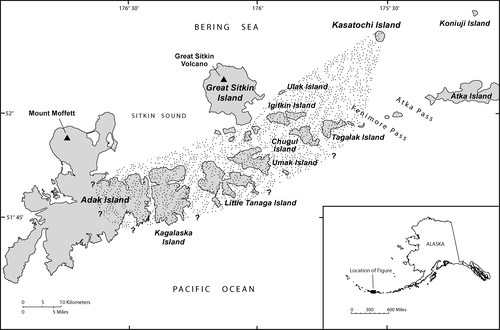 Figure 1 Location of Kasatochi Island in the west-central Aleutian Islands of Alaska. Also shown are nearby islands and extent of ash fall from the 7–8 August 2008 eruption.