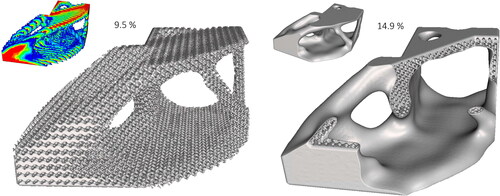 Figure 9. Stl-files of the optimal solution for the L-shaped benchmark by using implicit-based geometry. The cut of the design is done in order to show the lattice inside the cover.