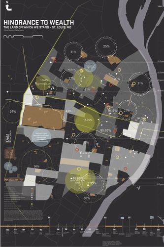 Figure 9. Hindrance to Wealth map, Master of Urban Design studio Fall 2020: "The Land on Which We Stand/The Stand on Which We Land." A wide range of contributing factors hinder residents’ ability to access and accumulate wealth. Recognizing these interdependent factors, this map explores the relationship between poverty rates, eviction, life expectancy, access to health insurance, and low educational attainment. Team members: Tiffany Dockins, Daniel Huang.