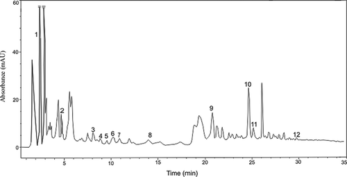 Figure 1 HPLC chromatograms recorded at 320 nm of individual phenolic compounds in selected beer sample. Peaks identification: 1: gallic acid; 2: protocatechuic acid; 3: 4-hydroxybenzoic acid; 4: 2,5-dihydroxybenzoic acid; 5: (+) catechin; 6: vanillic acid; 7: caffeic acid; 8: (-)-epicatechin; 9: p-coumaric acid; 10: ferulic acid; 11: sinapic acid; 12: salicylic acid.
