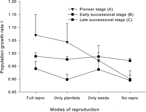 FIGURE 6 Rates of population increase, λ, for different combinations of reproductive modes as a function of successional stage (triangle: pioneer stage; circle: early successional stage; square: late successional stage). Given are averages (mean ± s.e.) over both time steps and all plots per stage.