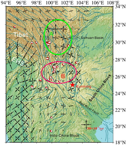 Figure 9. Map of principal strain rates and the spatial distribution of earthquakes with normal sense (Ms ≥ 6.0) from Jan.1, 1976 to Mar. 30, 2023 in southeastern Tibetan Plateau. It is seen that the earthquakes with normal sense are mainly located in Zone a and Zone B. And extensive orientations both in Zone a and Zone B match the fault nodal planes of earthquakes with normal sense. Earthquake data are downloaded from websites (https://www.globalcmt.org/CMTsearch.html).