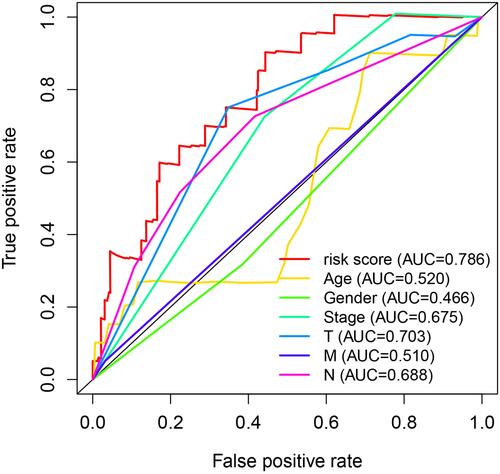Figure 4 Receiver operating characteristic (ROC) curve. The ROC curve of the risk score had the largest AUC of 0.786 compared with the other clinical variables.