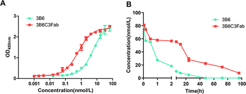 Figure 6 Pharmacokinetics of EIR Nb in mice. (A) Standard curve for pharmacokinetic analysis created with a sandwich ELISA assay. (B) Detection of the plasma concentrations of Nb-3B6C3Fab and Nb-3B6 after injection into Babl/c mice at different times. A sandwich ELISA was performed on blood samples from the same group of mice at the same time point. Error bars represent the SD of three repeated experiments.