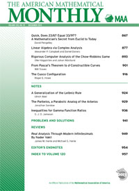 Cover image for The American Mathematical Monthly, Volume 120, Issue 10, 2013