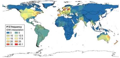 Figure 3 IDW-interpolation map of Pi*Z distribution worldwide.