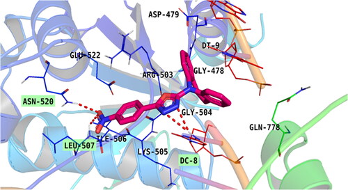 Figure 11. Binding of compound 5e within the active pocket of topoisomerase II-DNA complex.