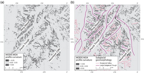 Figure 5. MODIS MOA and its use for mapping subglacial valleys and troughs. (a) Profile Curvature analysis of MODIS MOA data (CitationHaran et al., 2005) around the Jutulstraumen–Penck trough area; (b) Inferred subglacial valleys and troughs.