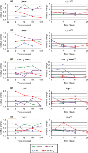 Figure 2. Quantitative PCR results from tumors harvested 0, 45, 90 and 180 min after end of treatment the first day (day 0) and from tumors harvested at days 1, 7, 14 and 21. All samples are expressed as ratios of concentration of probe versus a control probe, adjusted so that the mean of the controls at the first time-point equals one. Statistical analysis: HT/CTX-HT0 treated tumors compared to controls/CTX treated tumors; **p < 0.01; *p < 0.05; Student's t test.