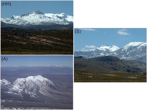 Figure 2. West faces of: (HH) HualcaHualca (A) Ampato and (S) Sabancaya volcanoes.