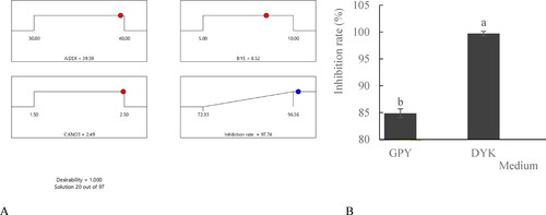 Figure 7. Optimisation result for the inhibition rate using RSM (A) and the inhibition rate of the cell-free filtrates of HU2014 cultured in GPY and DYK to R. solani YL-3 (B). DEX represents dextrin, YE represents yeast extract; DYK represents the optimised medium (dextrin, yeast extract and KNO3).