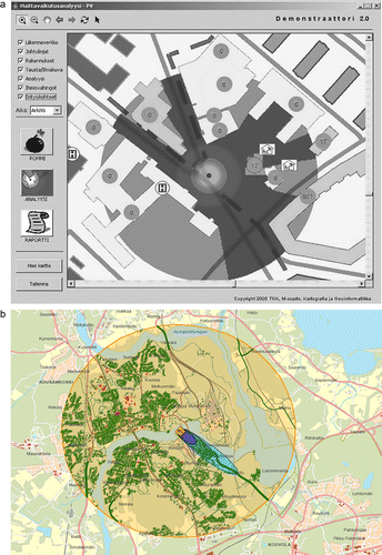 Figure 2.  (a) Impact model of a blast wave (Ahola et al. 2007). (b) Spatio-temporal population model together with a dispersion model of a gas leak (Molarius et al. 2009, reprinted with permission from WIT press).