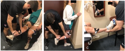 Figure 3. Testing positions for the isometric contraction testing. Handheld dynamometry positioning is shown for the quadriceps (a), hamstrings (b) and the gastrocnemius (c).