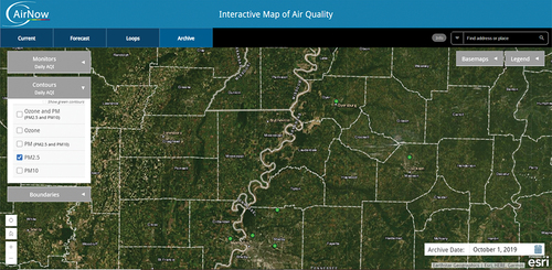 Figure 7. U.S. EPA interactive map of air quality with green dots representing current PM2.5 monitoring sites. Source: U.S. EPA AirNow.