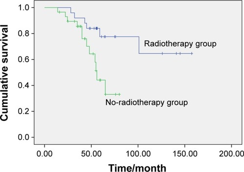 Figure 1 DFS in radiotherapy group and no-radiotherapy treatment group (P=0.014).