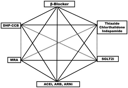 Figure 4. Hexagon shows suitable first-line drugs in the treatment of hypertension. Solid lines connect drug classes in combinations documented to prevent cardiovascular complications in hypertension or hospitalisation and death in randomised placebo controlled clinical trials in patients with heart failure with predominantly hypertensive aetiology. ACEi: angiotensin converting enzyme inhibitor; ARB: angiotensin receptor blocker; ARNi: angiotensin receptor blocker neprilysin inhibitor; MRA: mineralocorticoid receptor antagonist; SGLT2i: sodium glucose cotransporter inhibitor; DH-CCB: dihydropyridin calcium channel blocker (calcium-antagonist)