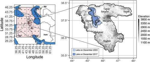 Figure 1. The atmospheric sub-domains over Lake Urmia basin, northwest Iran, and the location of synoptic stations (Mahabad, Maraghe, Saghez, Sahand, Sarab, Tabriz, Takab, Urmia). Each of the sub-domains R1, R2, R3, and R4 includes 16 grid-points, while sub-domain R5 contains four grid-points
