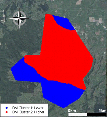 Figure 3  Geographic location of ‘Hayward’ kiwifruit orchard DM groupings across the Te Puke growing region as identified by k-means clustering. Clusters 1 and 2 contained 57 and 231 of the 288 model orchards, respectively. The fruit DM and altitudes of the orchards located within each geographic cluster are summarized in Table 2 and 3, respectively.