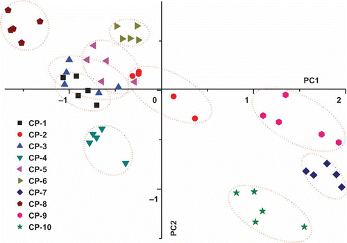 Figure 4 Principal component analysis of physicochemical qualities (moisture, pH, and Hunter E) of various cinnamon powders available in the Korean market.