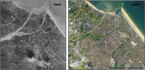 Figure 7. Aerial pictures of Rimini in comparison. Notice the massive urbanization that took place after the second half of XX century in the city and surrounding areas (1944 from https://www.fold3.com/, 2020 from Google Earth).