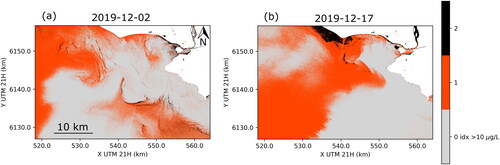 Figure 6. Chl-a threshold maps retrieved at the study region from S2-MSI images for the level of 10 μg/L, matching the two dates in Figures 4 and 5: (a) December 2 and (b) December 17, 2019. The regional algorithms for 3BI and SS(665) were used, and the highlighted areas in both panels indicate where none, one, or two of the indices estimated chl-a level above 10 μg/L.