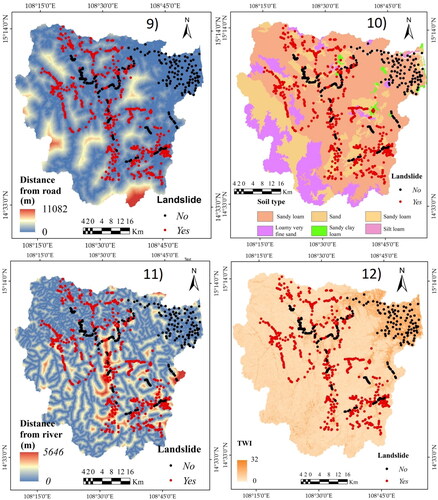 Figure 3. Landslide conditioning factors in the Tra Khuc river basin in Quang Ngai Province: 1) elevation, 2) curvature, 3) aspect, 4) slope, 5) NDVI in 2010, 6) NDBI in 2010, 7) NDVI in 2020, 8) NDBI in 2020, 9) distance from road, 10) soil type, 11) distance from river, 12) TWI, 13) LULC in 2010, 14) LULC in 2020, 15) LULC in 2030, 16) LULC in 2050, 17) average annual rainfall in 2030, 18) average annual rainfall in 2050, 19) average annual rainfall in 2010, 20) average annual rainfall in 2020, 21) distance to settlement in 2030, 22) distance to settlement in 2050, 23) distance to settlement in 2010, 24) distance to settlement in 2020, 25) NDWI in 2010, 26) NDWI in 2020, 27) morphology.