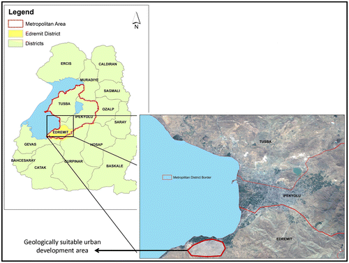 Figure 4. Locations of the metropolitan districts of the Van city and geologically suitable urban development area on the Edremit district.
