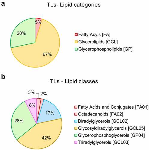 Figure 1. Global lipidomics analysis of Lactobacillus johnsonii N6.2 total lipids (TL). Total lipids from L. johnsonii N6.2 were purified and pooled from a large-scale culture and profiled by qualitative LC-MS/MS analysis. a: Percentage abundances in lipid categories. b: Percentage abundances in lipid classes. The abbreviation GCL for glycerolipids was selected to avoid confusion with GL (denotation used for the glycolipid fraction obtained after lipid fractionation of L. johnsonii N6.2 total lipids).